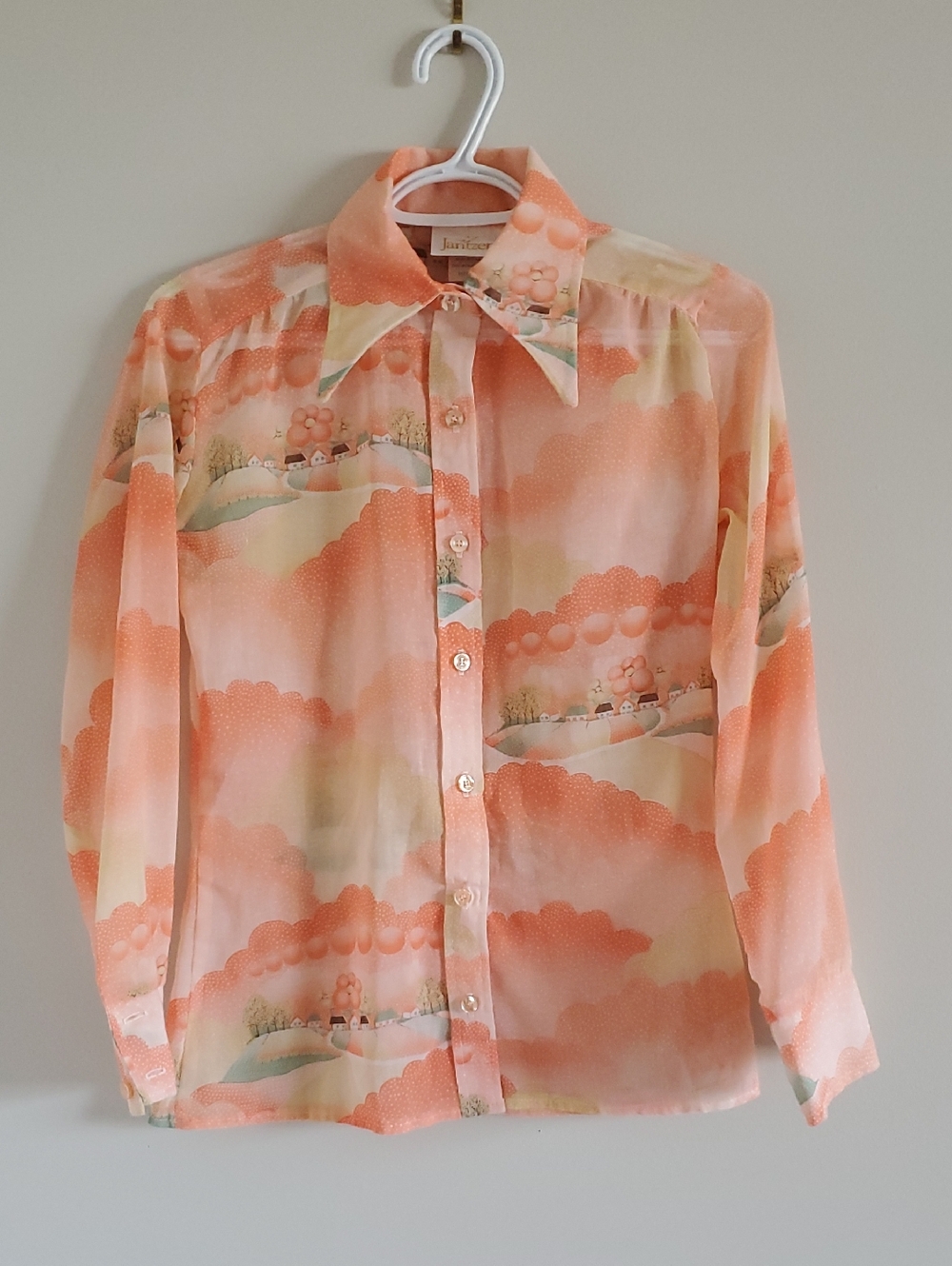 Vintage Jantzen Coral and Cream Scenic Print Button-Up Shirt Blouse Sz 8 Retro